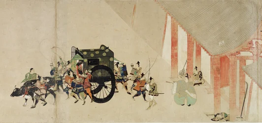 El emperador Nijo escapando del Palacio Imperial a la mansión Rokuhara